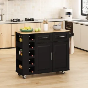 Black Kitchen Island Cart with Cabinet, Drawers, Wine Rack, and Foldable Tabletop