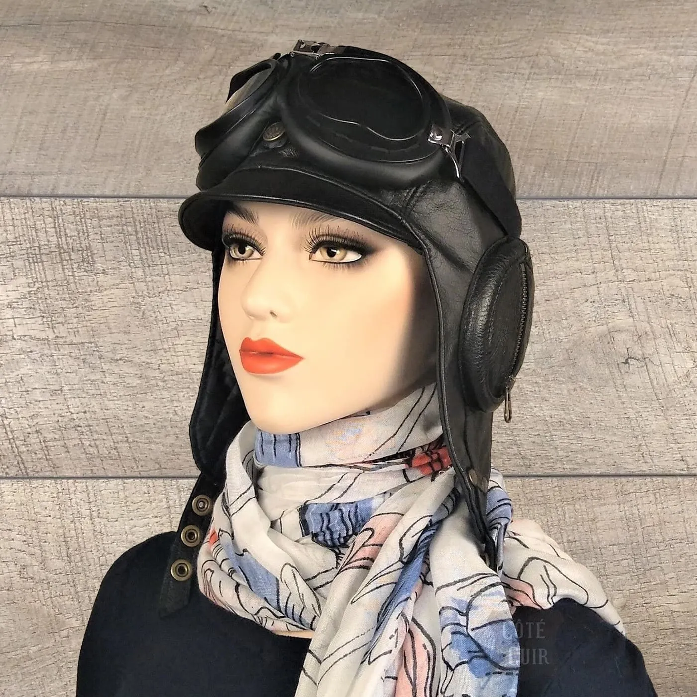 Black Leather Aviator Hat - William Model