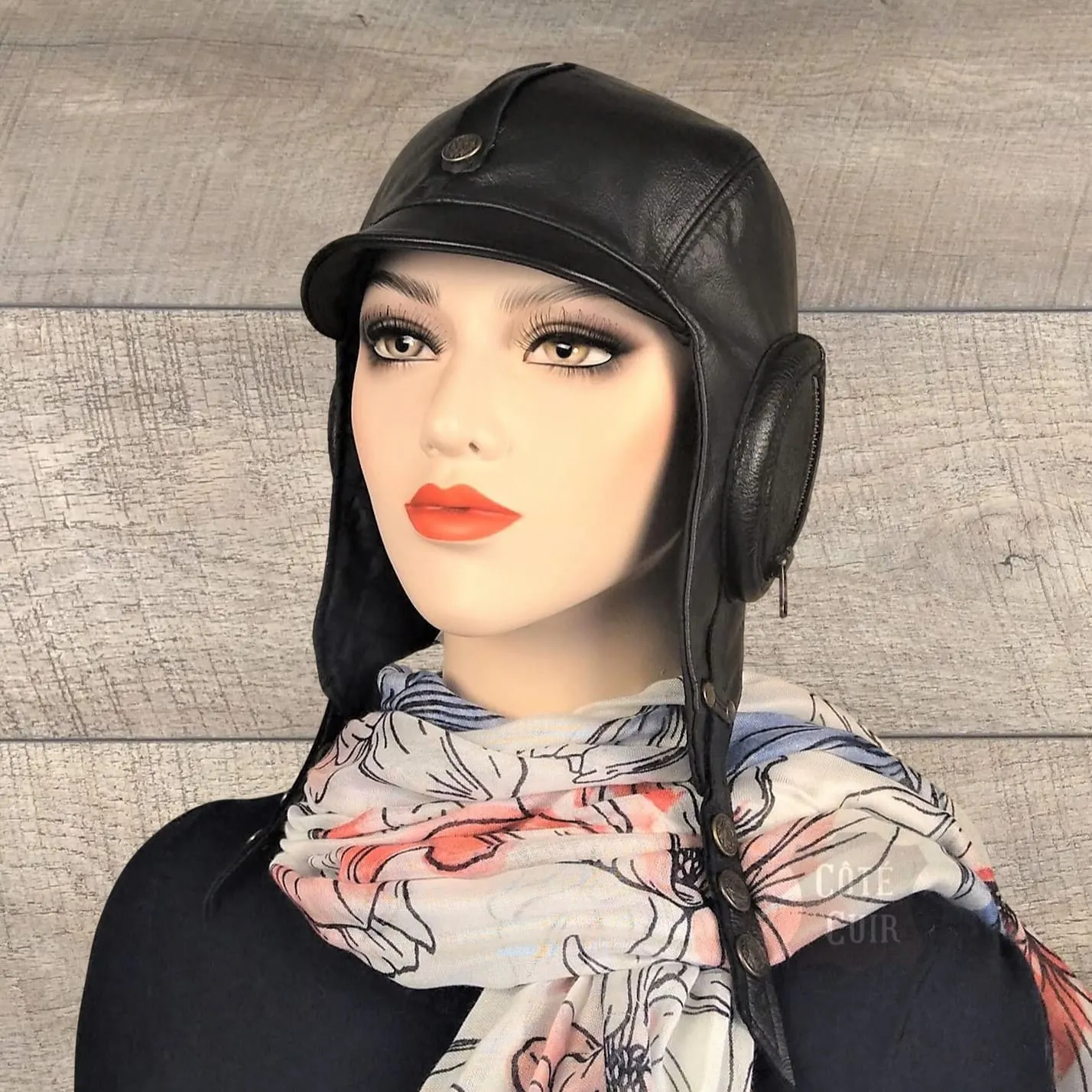 Black Leather Aviator Hat - William Model