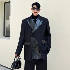Black Leather Patchwork Solid Blazer