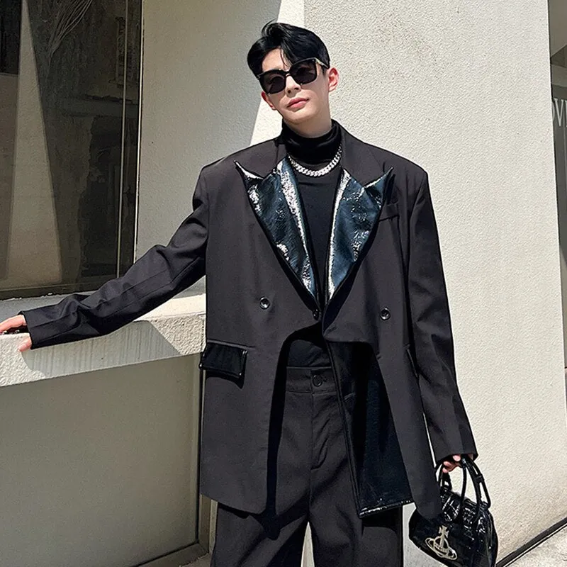 Black Leather Patchwork Solid Blazer