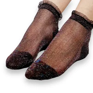 Black Nylon Red Glitter Ruffle Ankle Socks