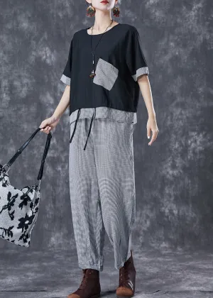 Black Patchwork Cotton Two Piece Suit Set Drawstring Plaid Summer LY6791