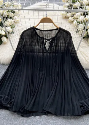 Black Patchwork Loose Chiffon Top O Neck Wrinkled Lace Up Summer LY7173