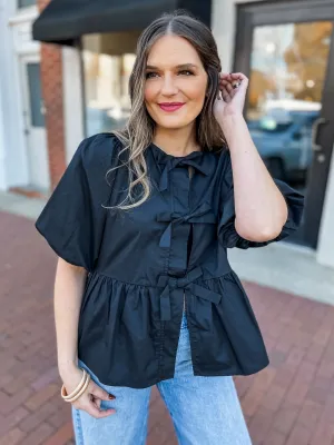 Black Poplin Front Tie Blouse