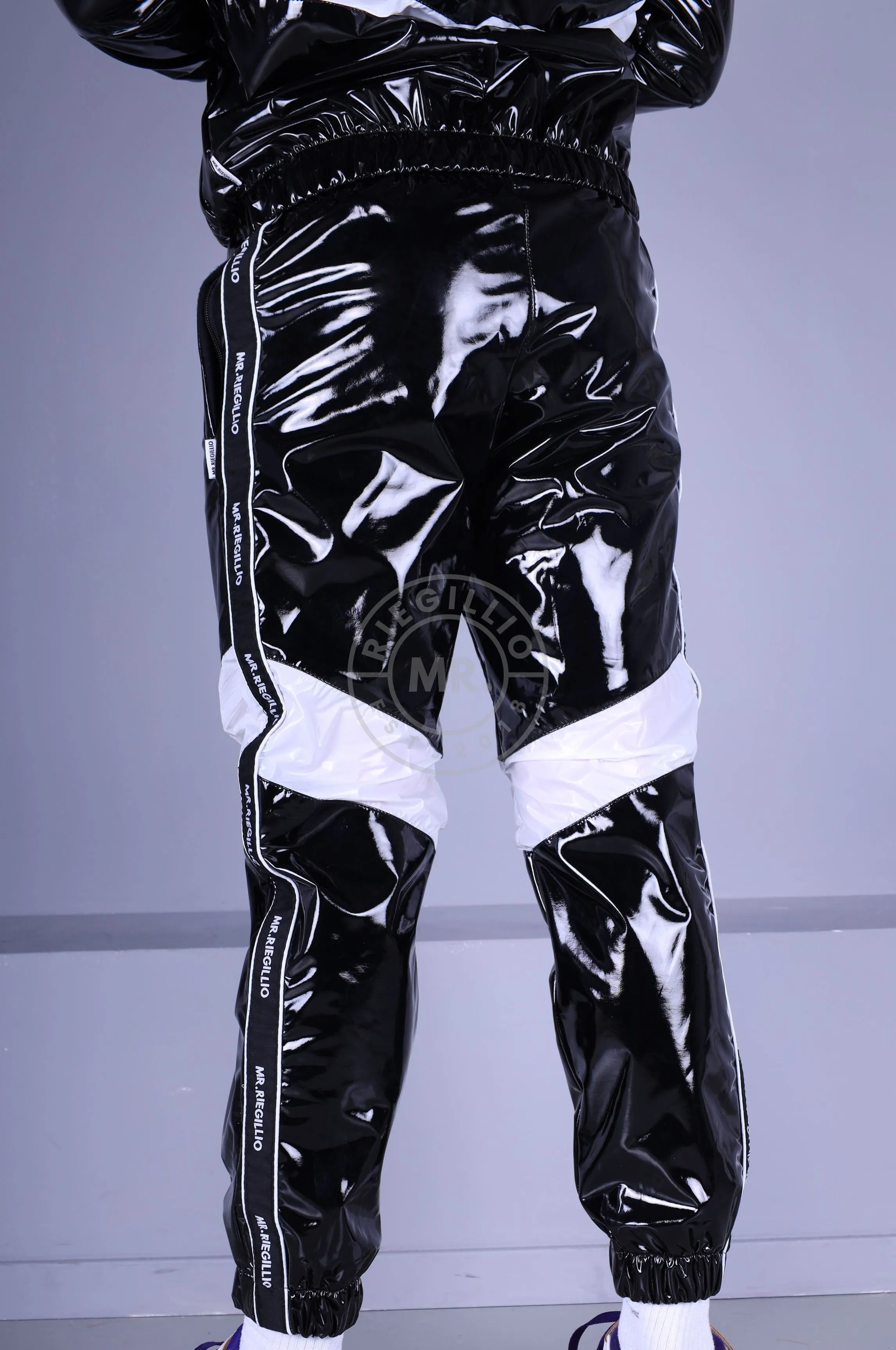 Black PVC Tracksuit Pants - Nylon Panels