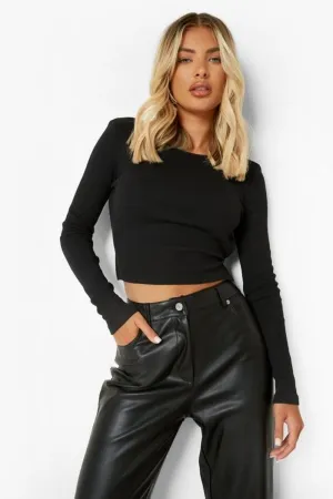 Black Ribbed Backless Long Sleeve Top