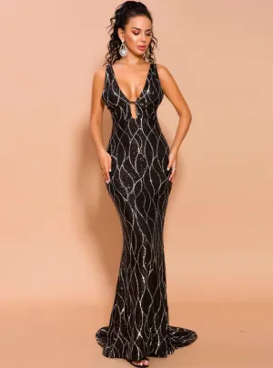 Black Sexy V-neck Sling Banquet Long Sequined Dress