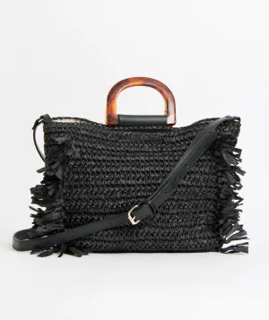 Black Straw Bag with Fringed Edge and Tortoiseshell Handle