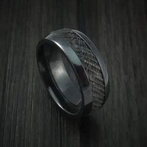 Black Titanium and Damascus Steel Men's Ring with Tree Bark Carved Band Custom Made