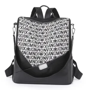 Black Typography Women's Outdoor Leather Backpack