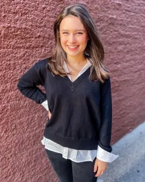 Black V-Neck Sweater with Layered Blouse