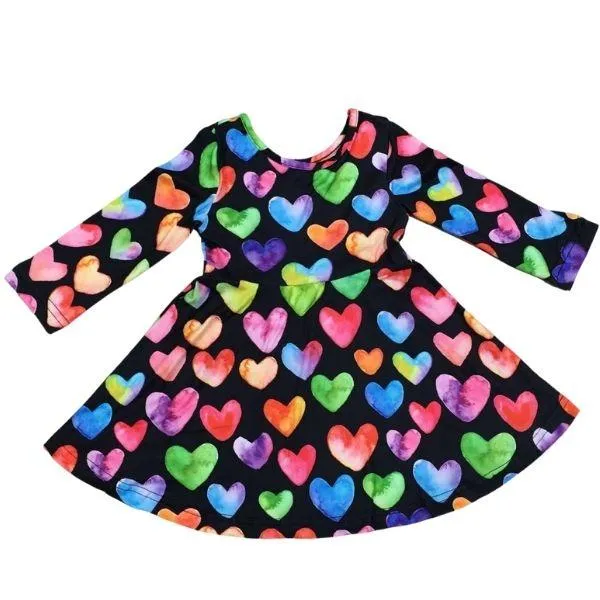 Black Watercolor Hearts L/S Dress