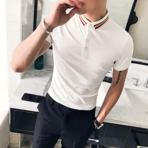 Black White Short Sleeve Rainbow Collar Men Polo Shirt