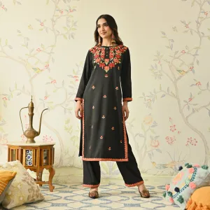 Black Woollen Aari Embroidered Floral Kurta Pant Set