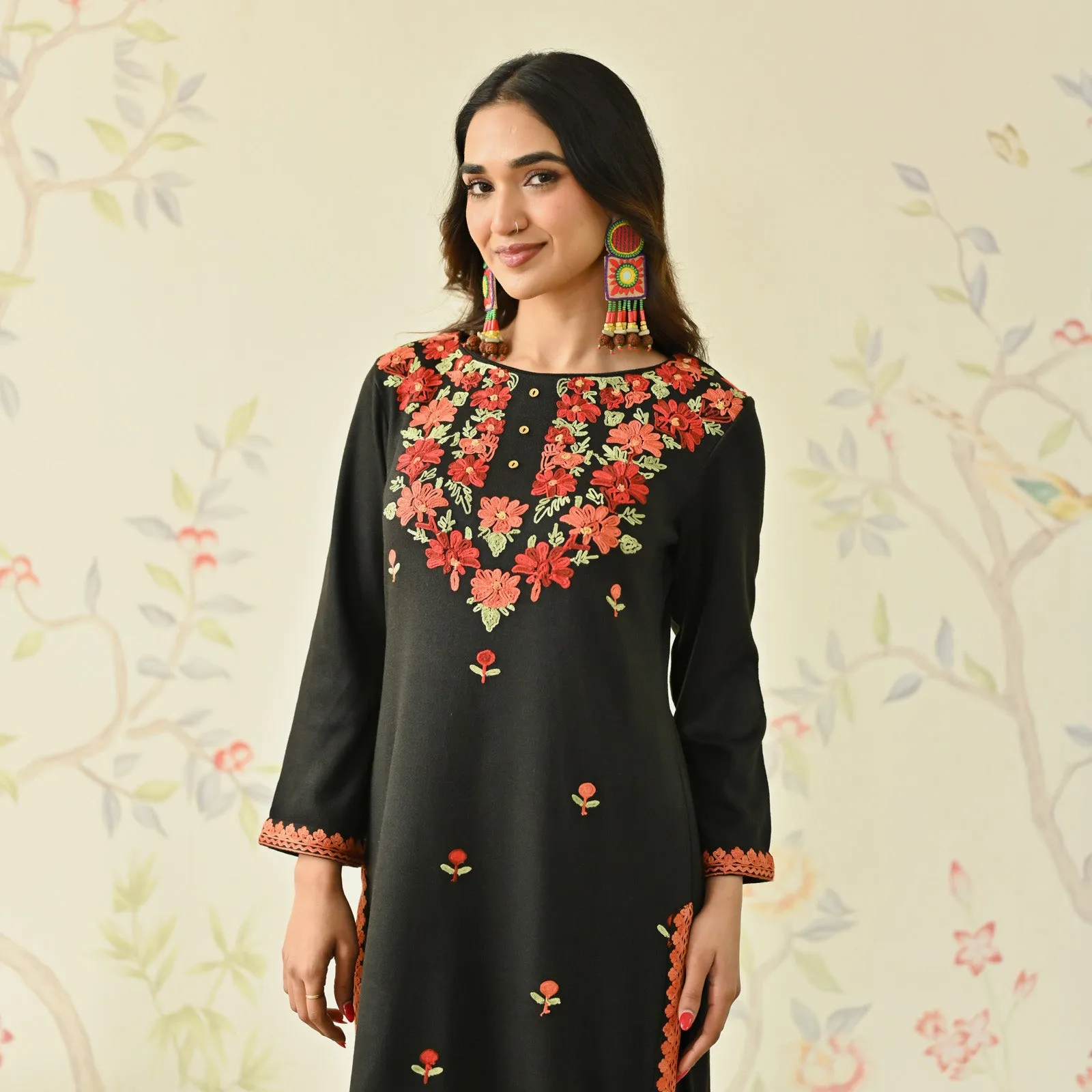 Black Woollen Aari Embroidered Floral Kurta Pant Set