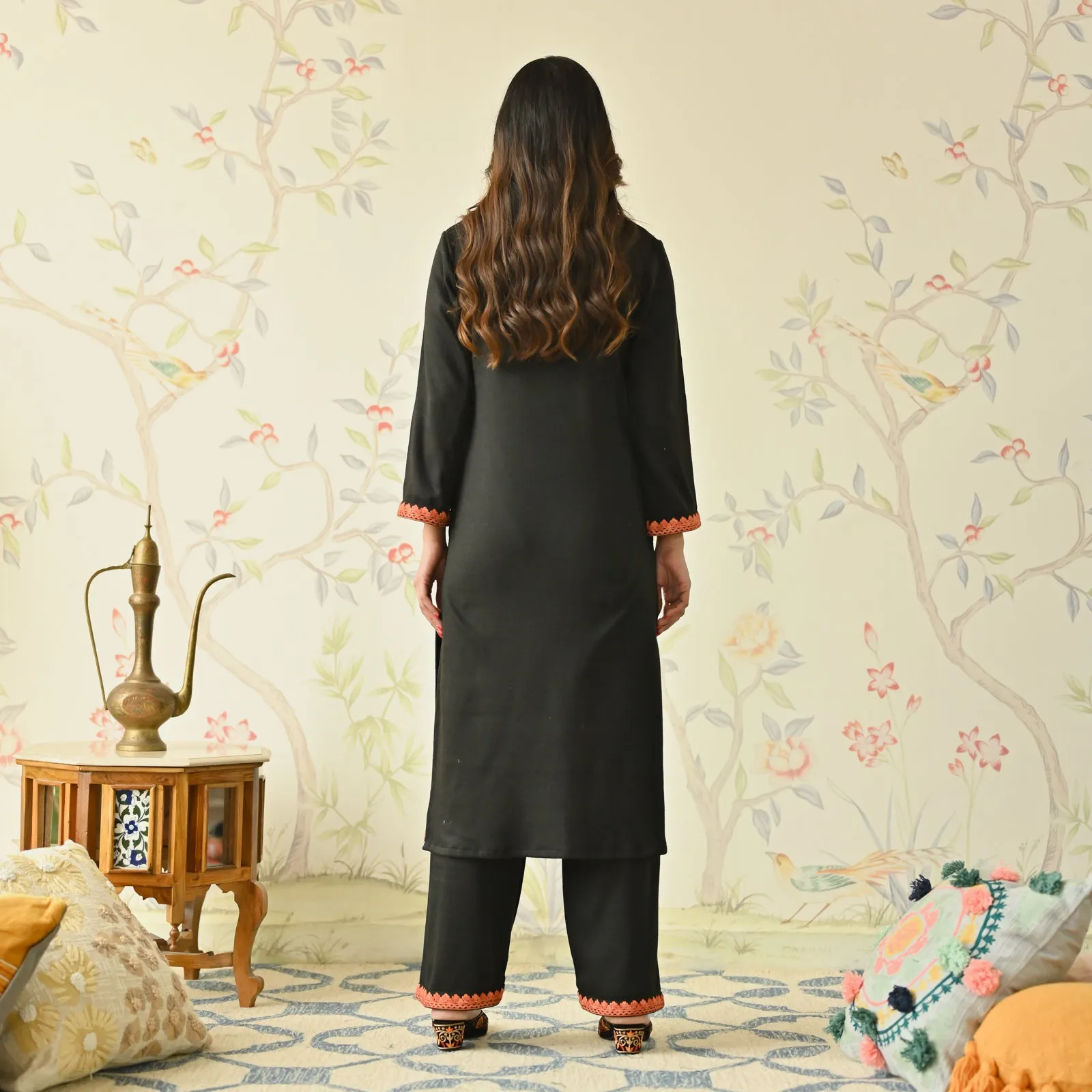 Black Woollen Aari Embroidered Floral Kurta Pant Set