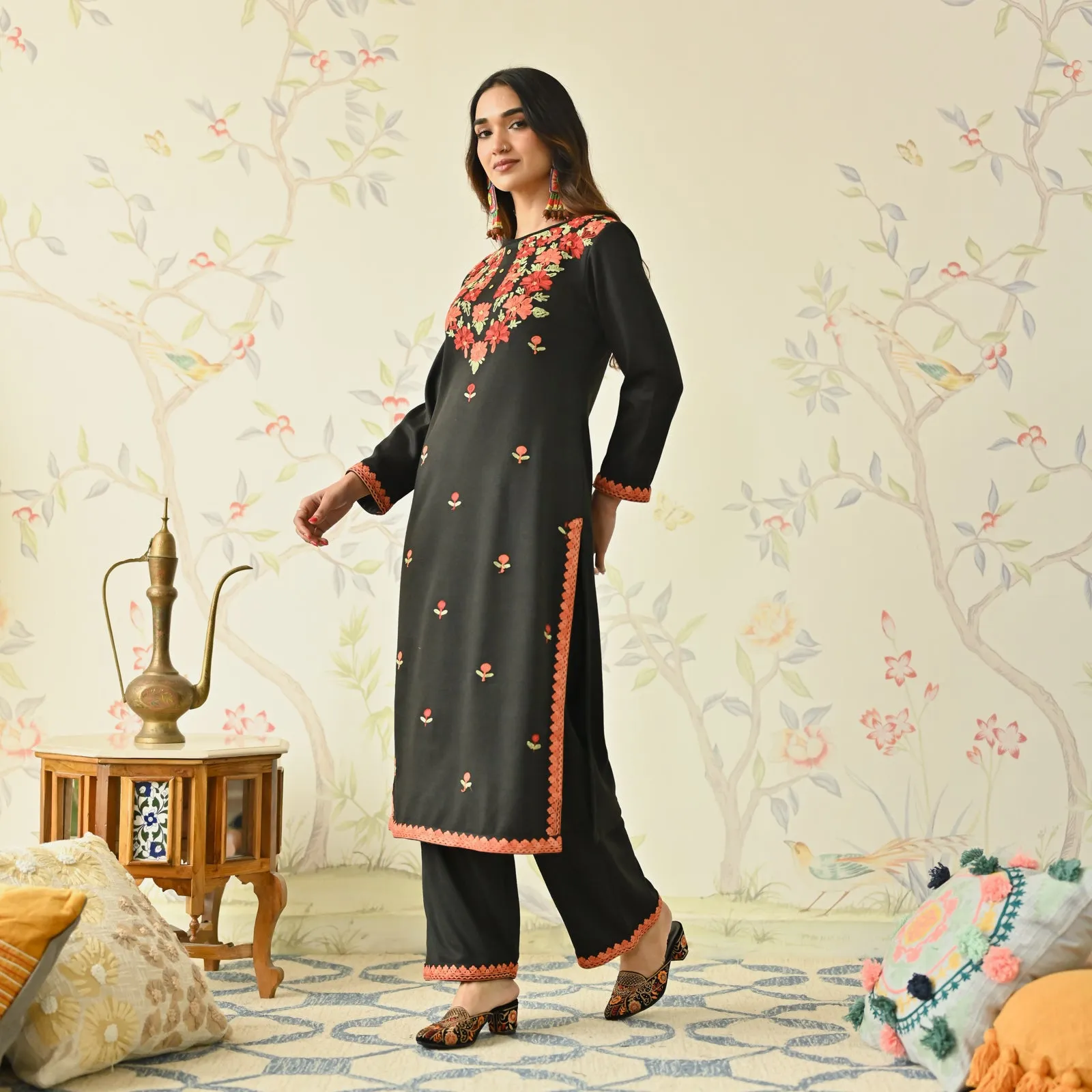 Black Woollen Aari Embroidered Floral Kurta Pant Set