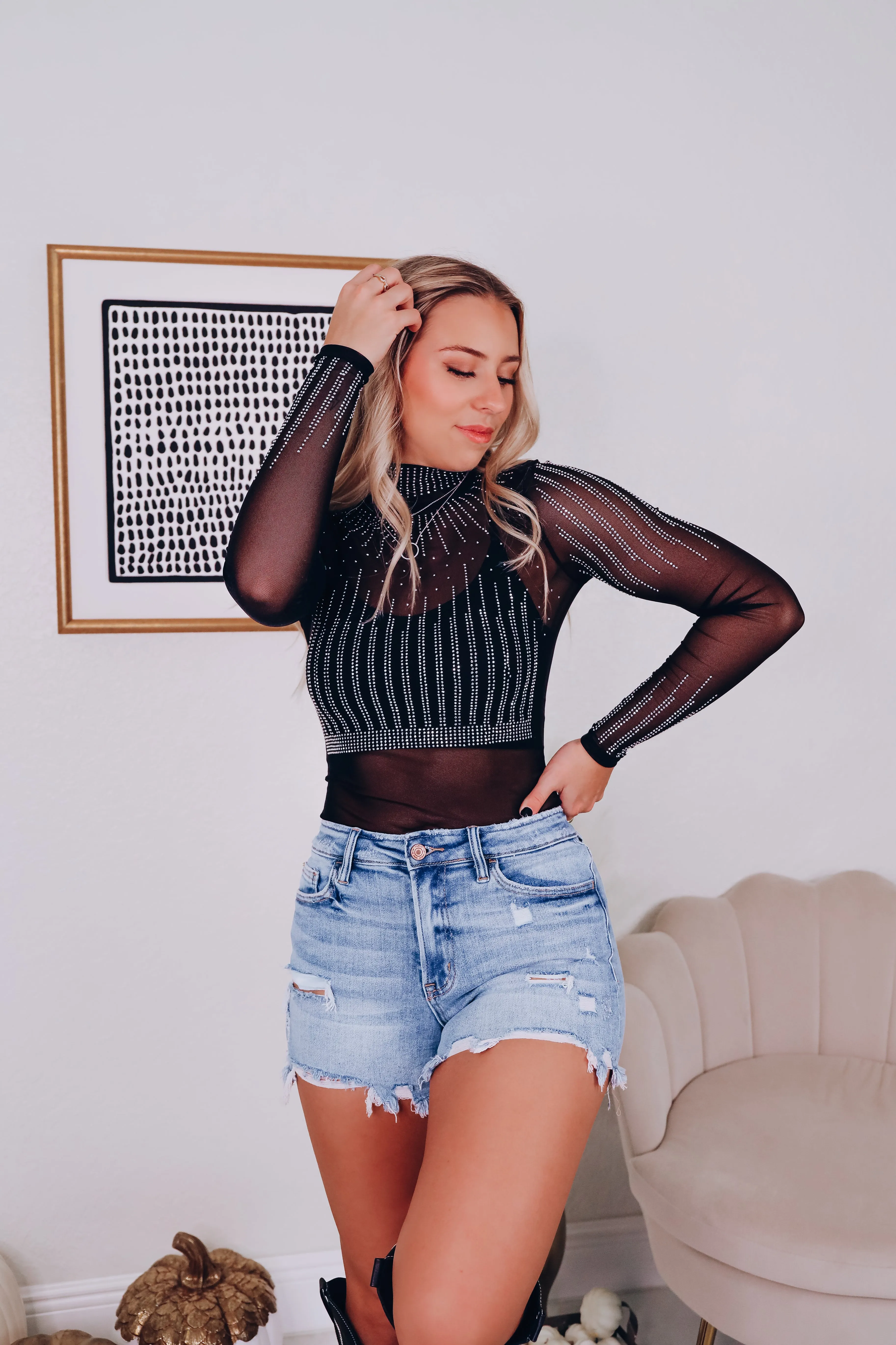 Blinding Light Rhinestone Bodysuit - Black