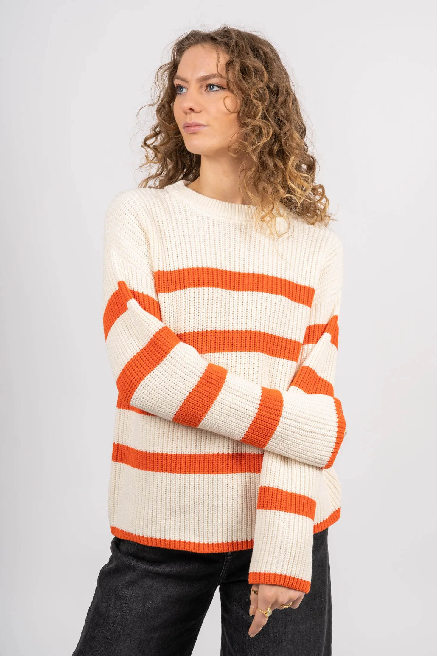 Bloomie LS Knit O-Neck - Snow White W/Orangeade