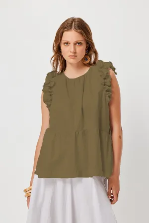 Blouse Silk Frilled Olive Valia