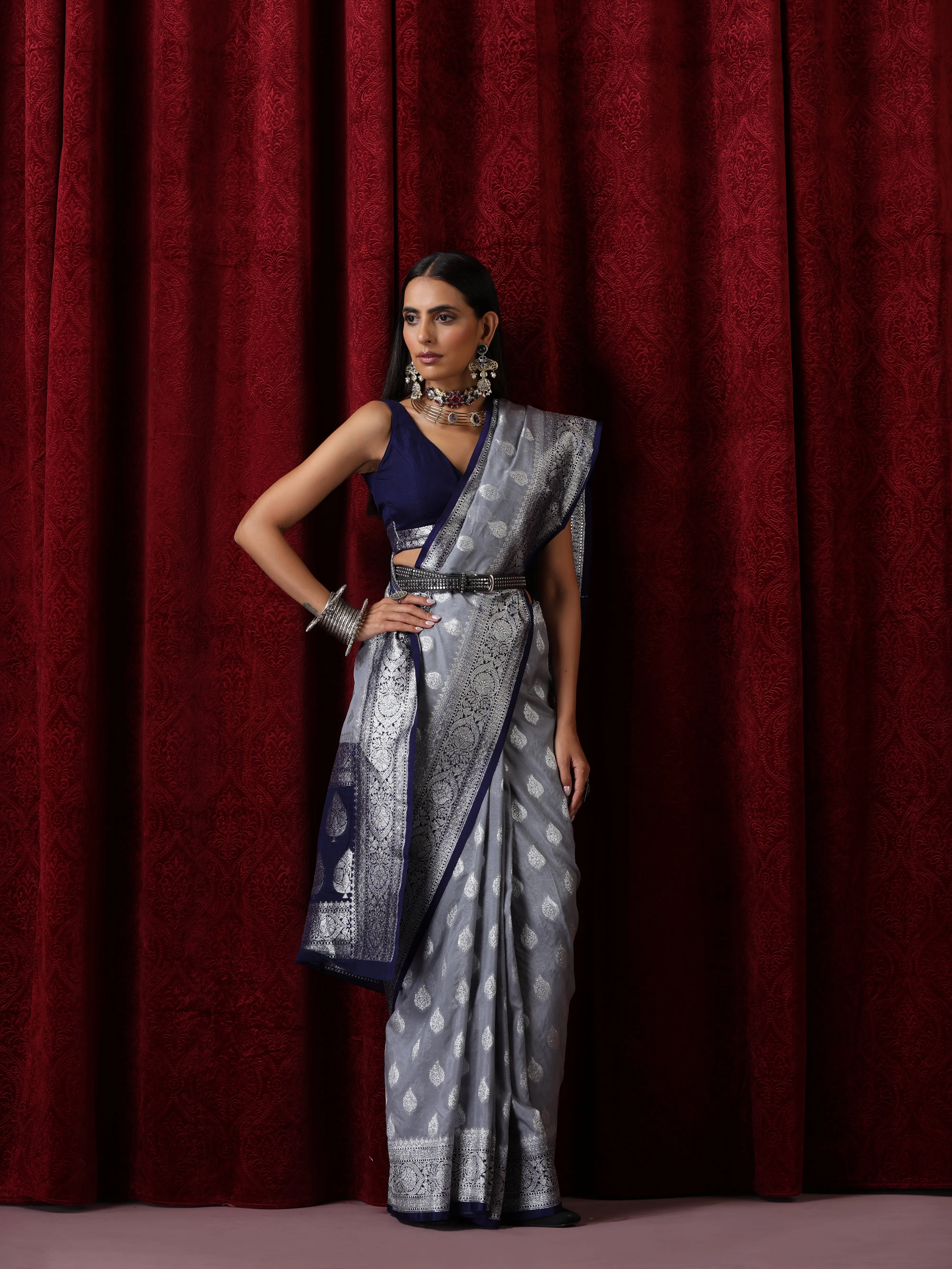 Blue and Silver Georgette Silk Saree with Blouse Fabric