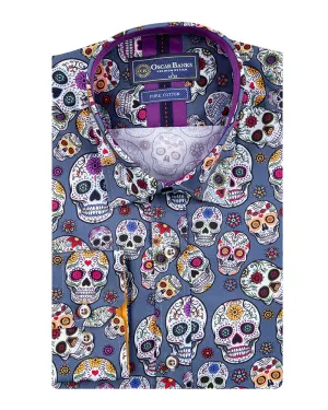 Blue day of the dead Skull Print Shirt with Matching Handkerchief