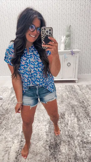 Blue Floral Short Sleeve Top