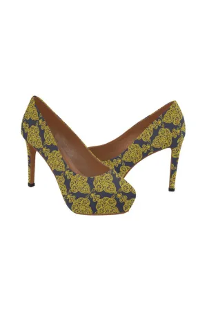 blue gold lace Women's High Heels (Model 044)