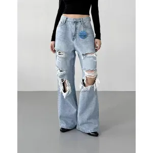 Blue Gothic Y2K Ripped Cargo Jean Pants for Women