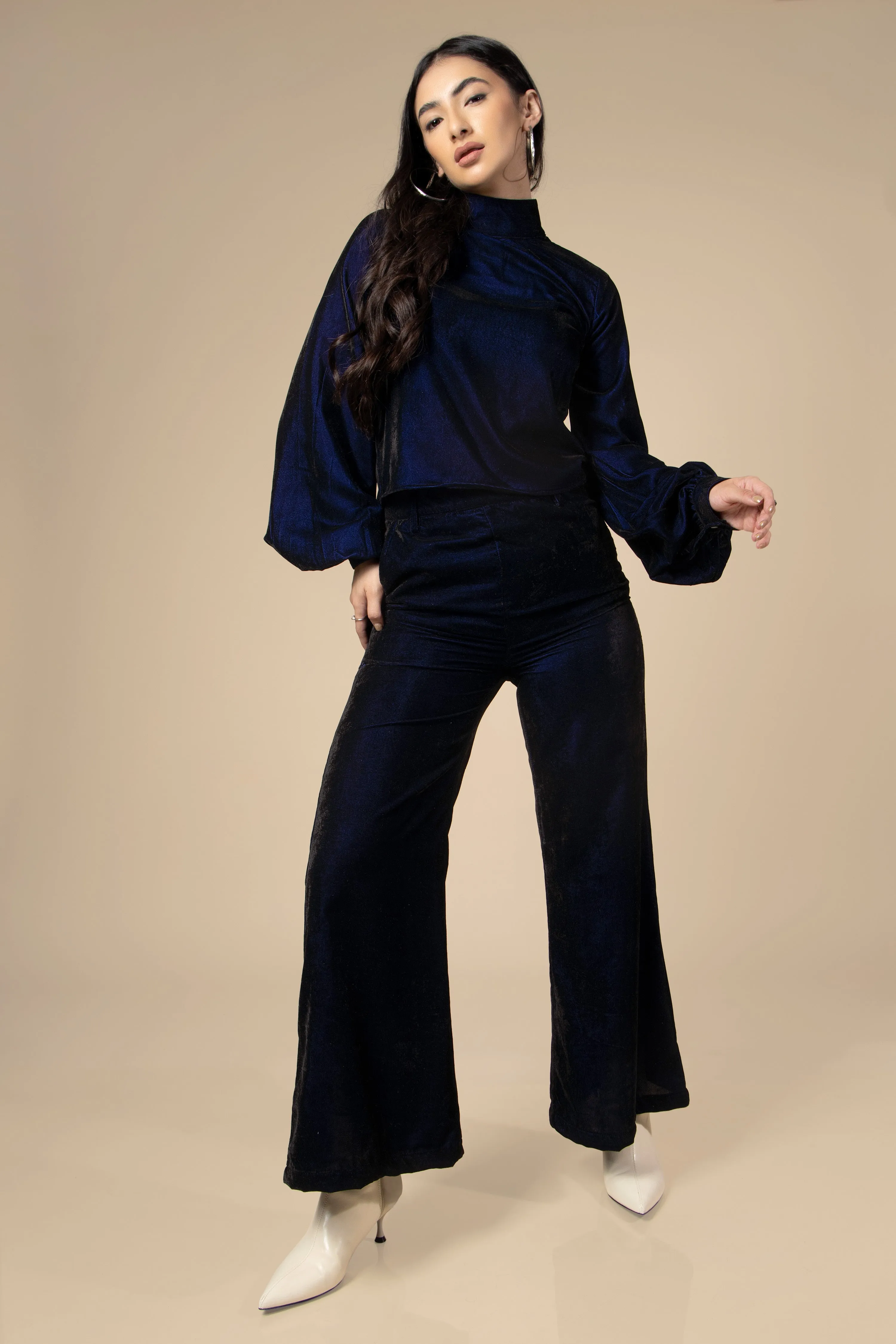 Blue High Neck Velvet Co-Ord Set For Women