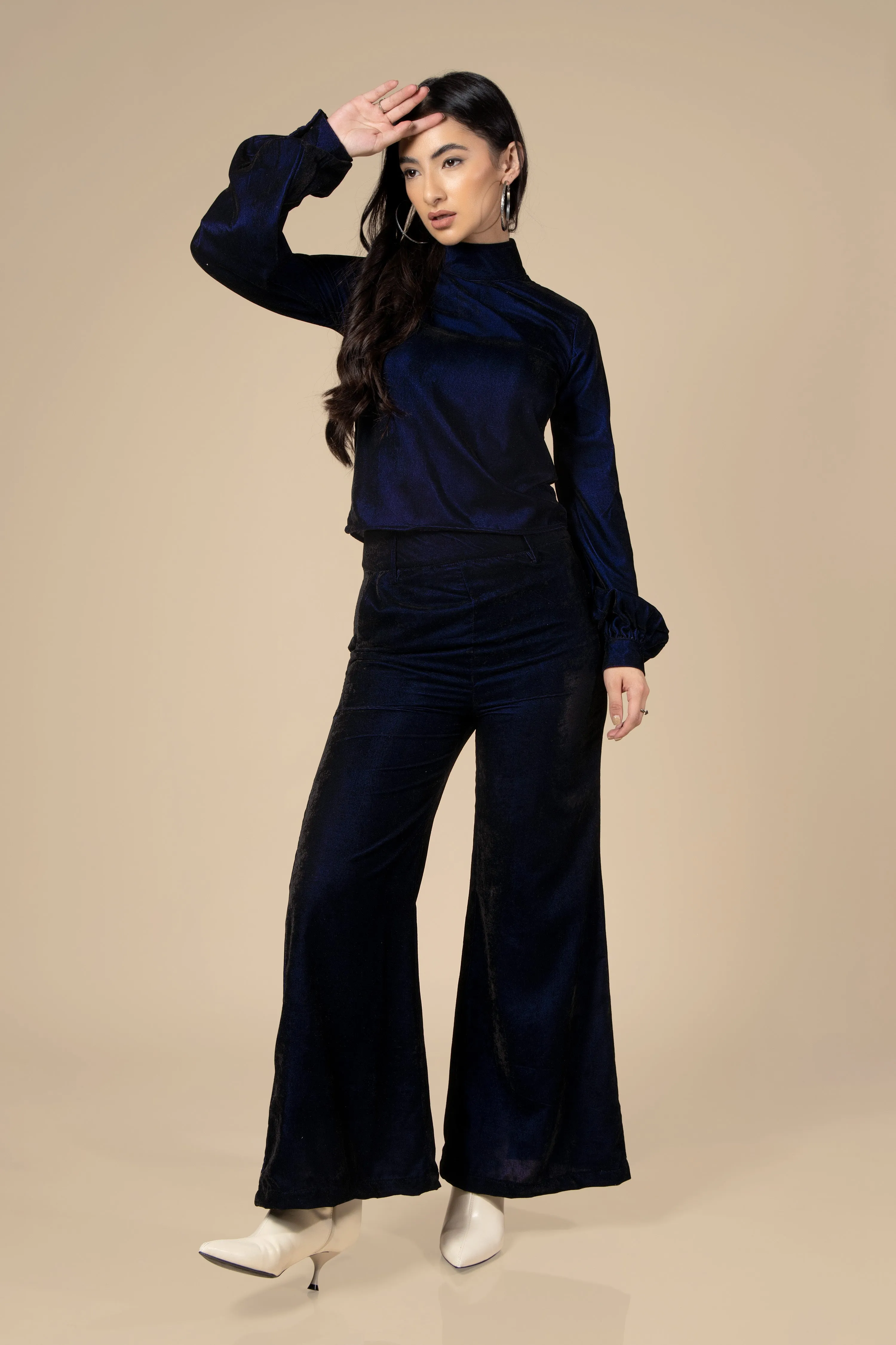 Blue High Neck Velvet Co-Ord Set For Women