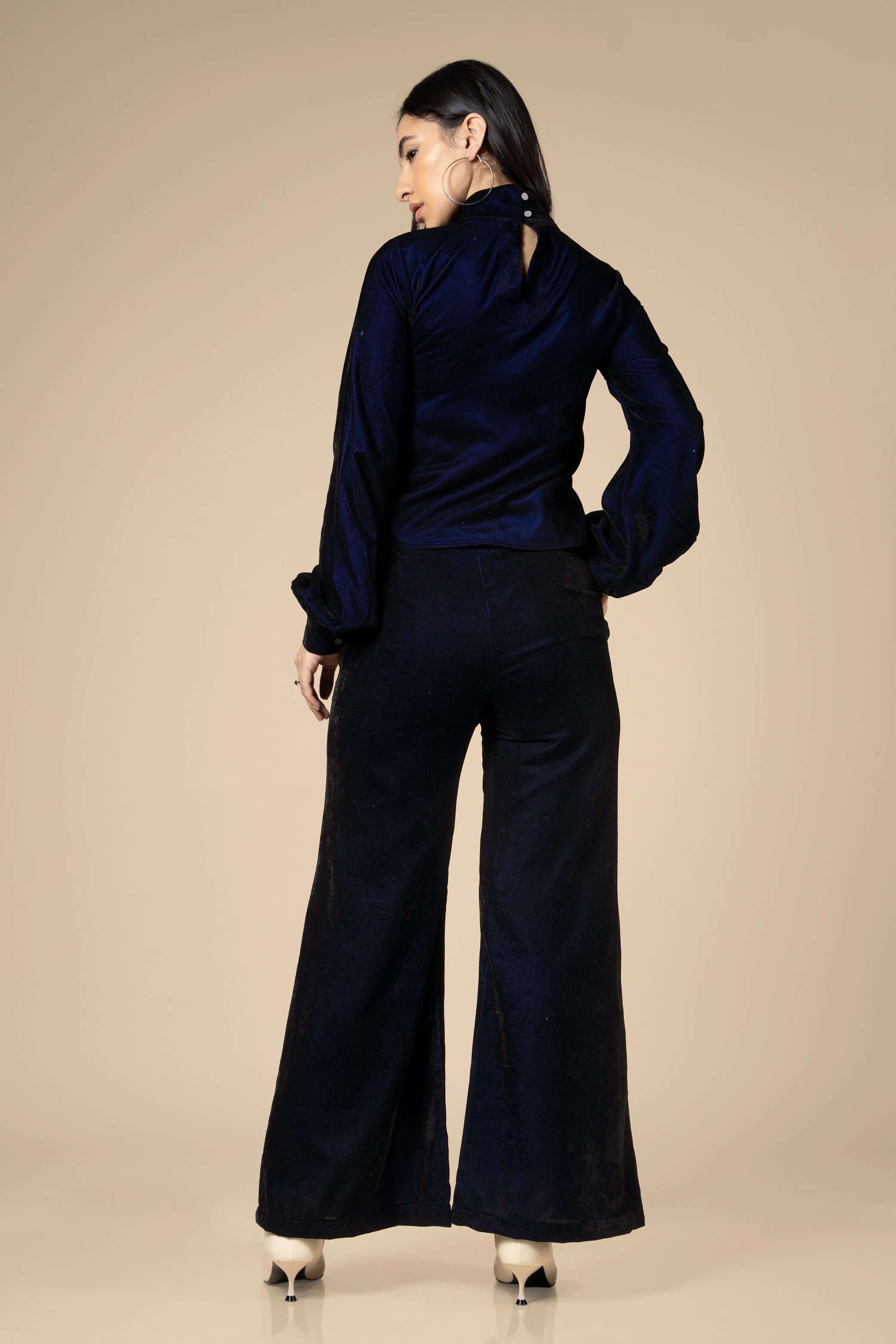Blue High Neck Velvet Co-Ord Set For Women