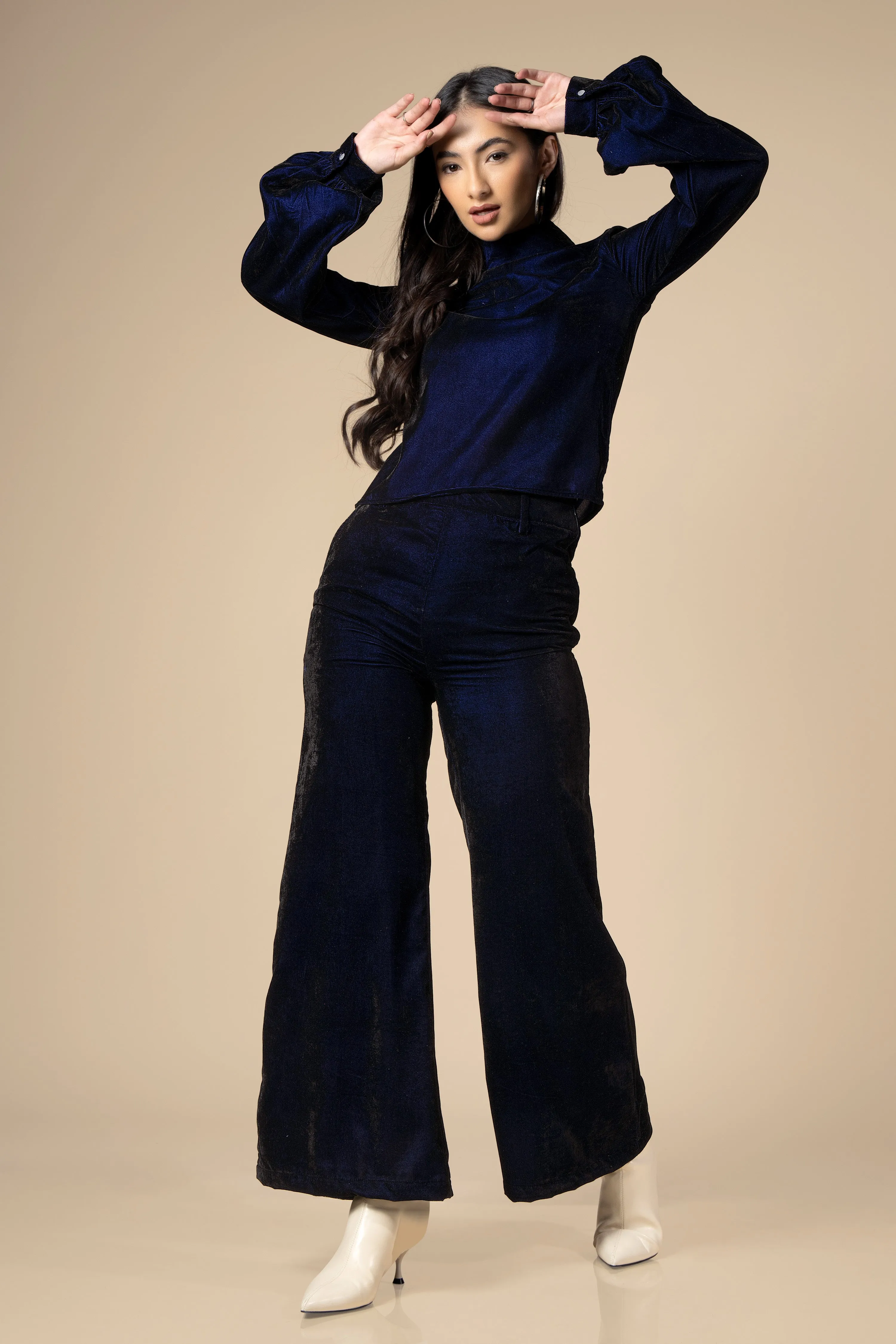 Blue High Neck Velvet Co-Ord Set For Women