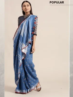Blue Linen Embroidered Saree