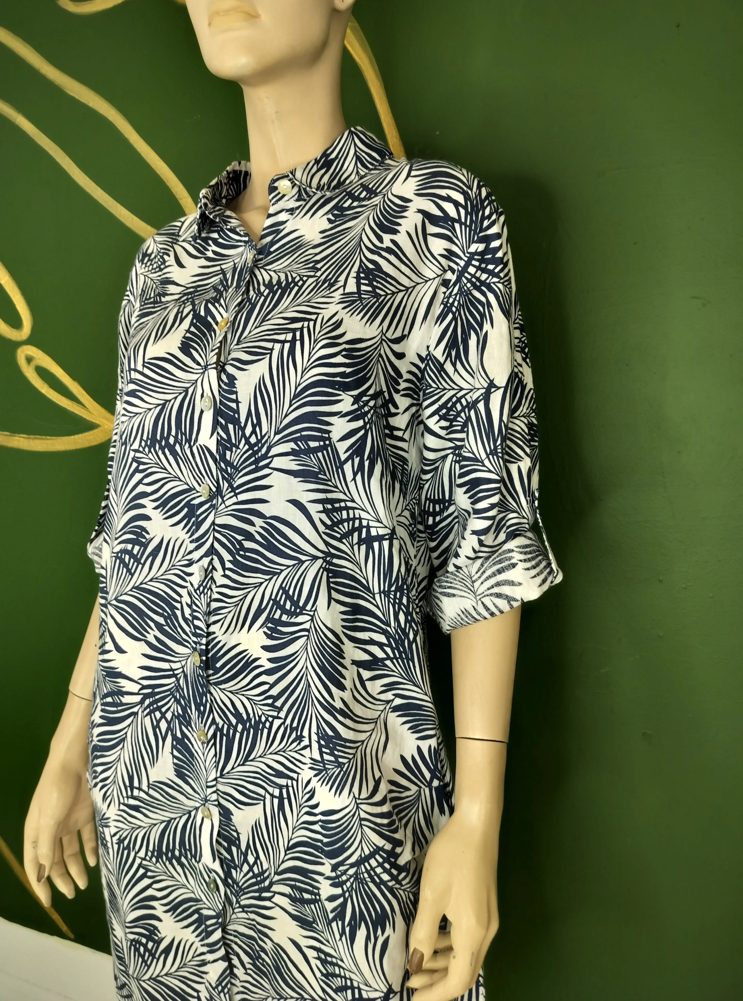 Blue Marine Leaf Pattern Shirtdress