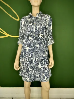 Blue Marine Leaf Pattern Shirtdress