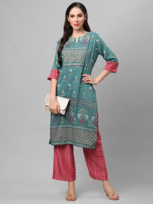 Blue Ornamental Printed Kurta With Comfort Pant