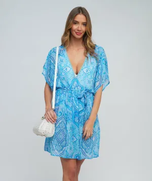 Blue Paisley Printed Chiffon Beach Dress with Deep-V Neckline