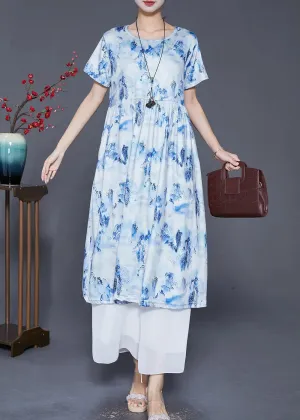 Blue Print Cotton Holiday Dresses Exra Large Hem Summer LY8033
