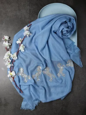 Blue Shawl Swarovski Pashmina Shawl with Swarovski Crystal Horse Border