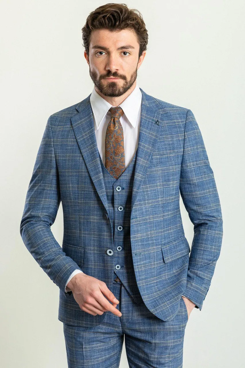 Blue Slim Fit Notch Lapel 3 Piece Plaid Suit for Men | GentWith