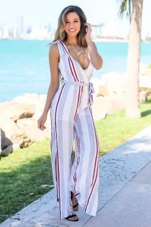 Blue Striped Jumpsuit with Side Slits