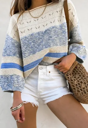 Blue Striped Women's Fashion Knit Top Contrast Round Neck Long Sleeve Sweater