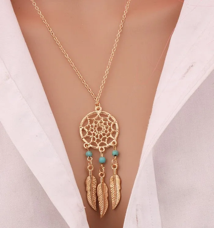 Bohemia Vintage Silver Plated Dreamcatch Feather Pendants Necklace For Women Choker Statement Necklace Fashion Boho Jewelry