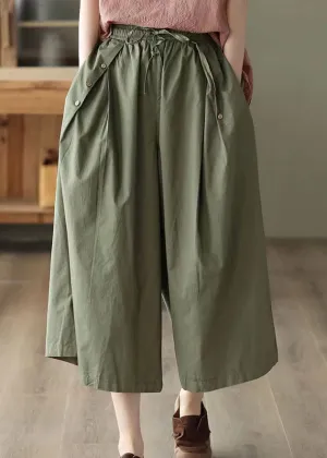 Bohemian Army Green Pockets Patchwork Cotton Crop Pants Summer LY5364