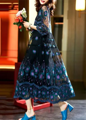 Bohemian Black Embroideried Patchwork Long Chiffon Dress Summer LY3825