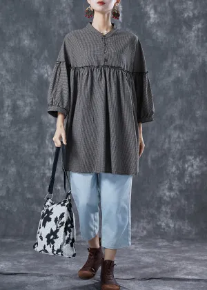 Bohemian Grey Ruffled Patchwork Plaid Linen Mid Dress Summer LY5619