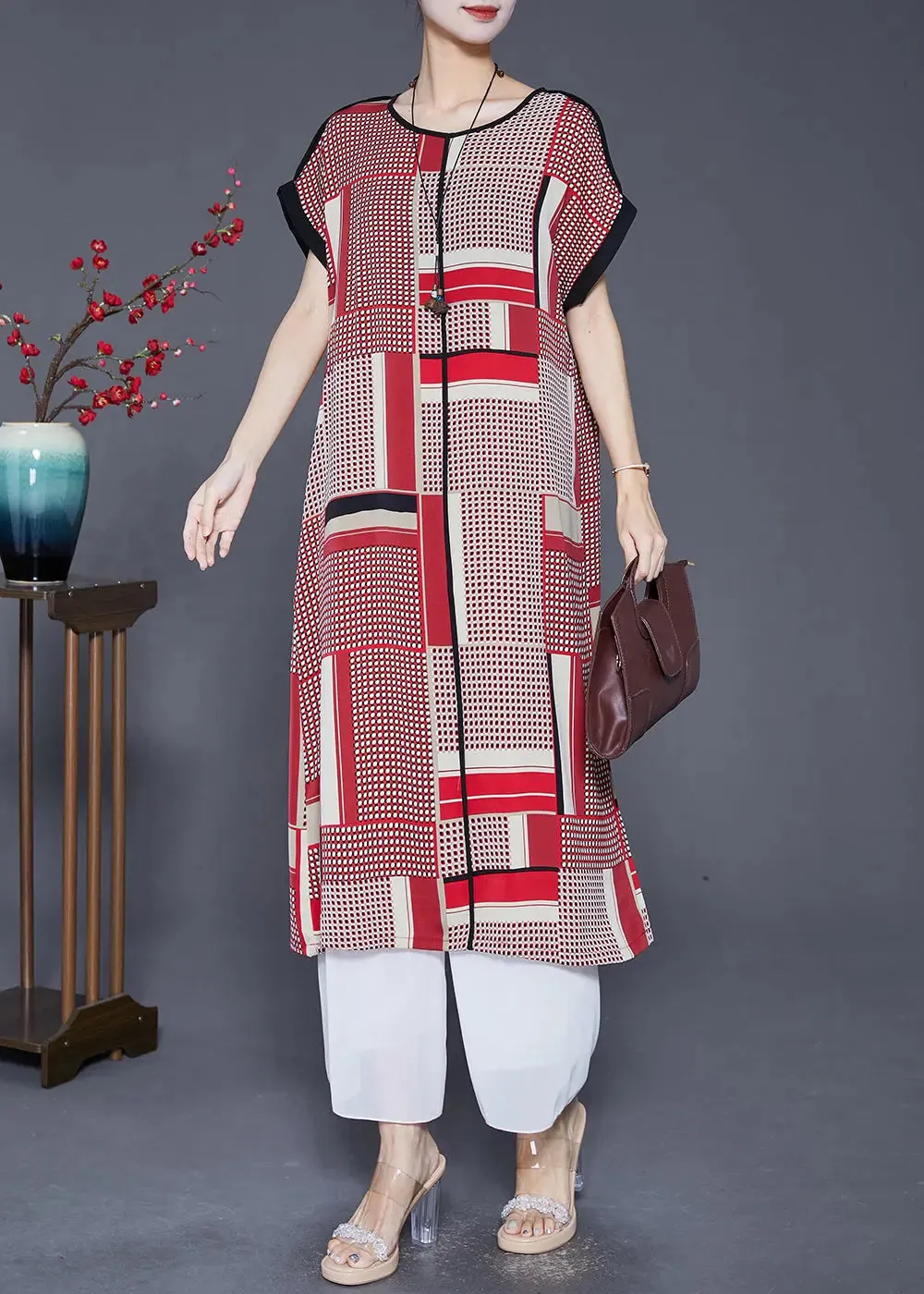 Bohemian Red Oversized Print Silk Long Dress Summer LY8064
