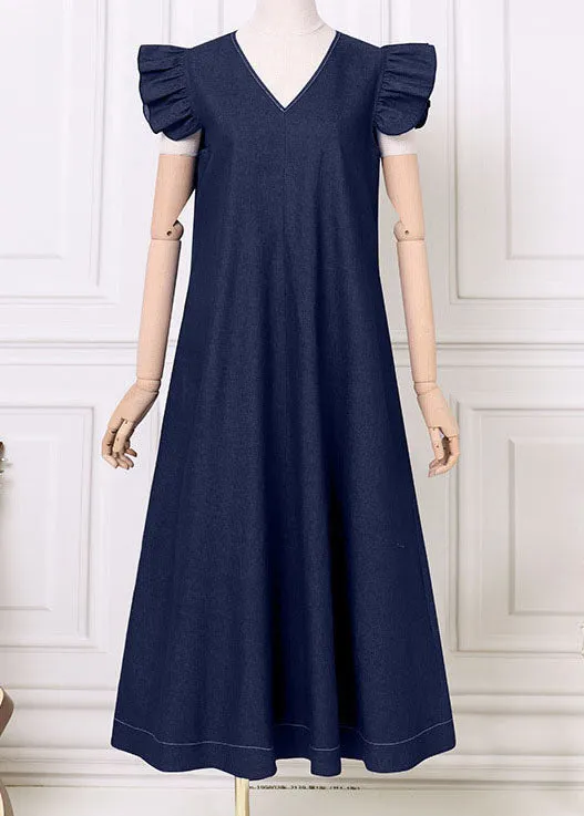 Boho Baby Blue V Neck Ruffled Patchwork Denim Dress Summer LY3958